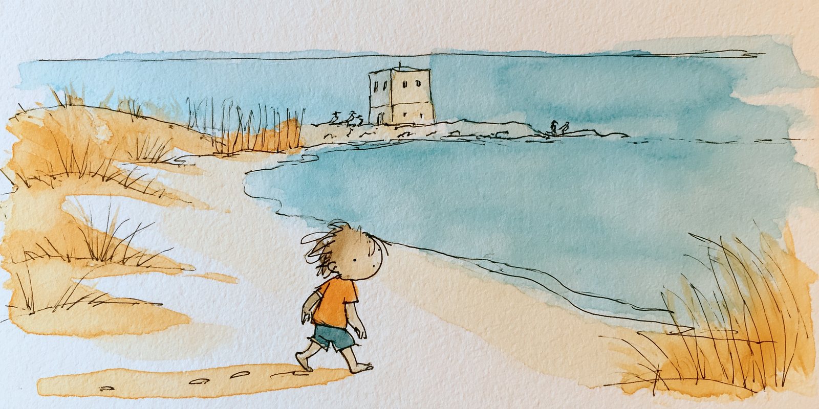 Una tavola del libro: un bambino con la maglietta arancione cammina sulla riva verso una torre di pietra